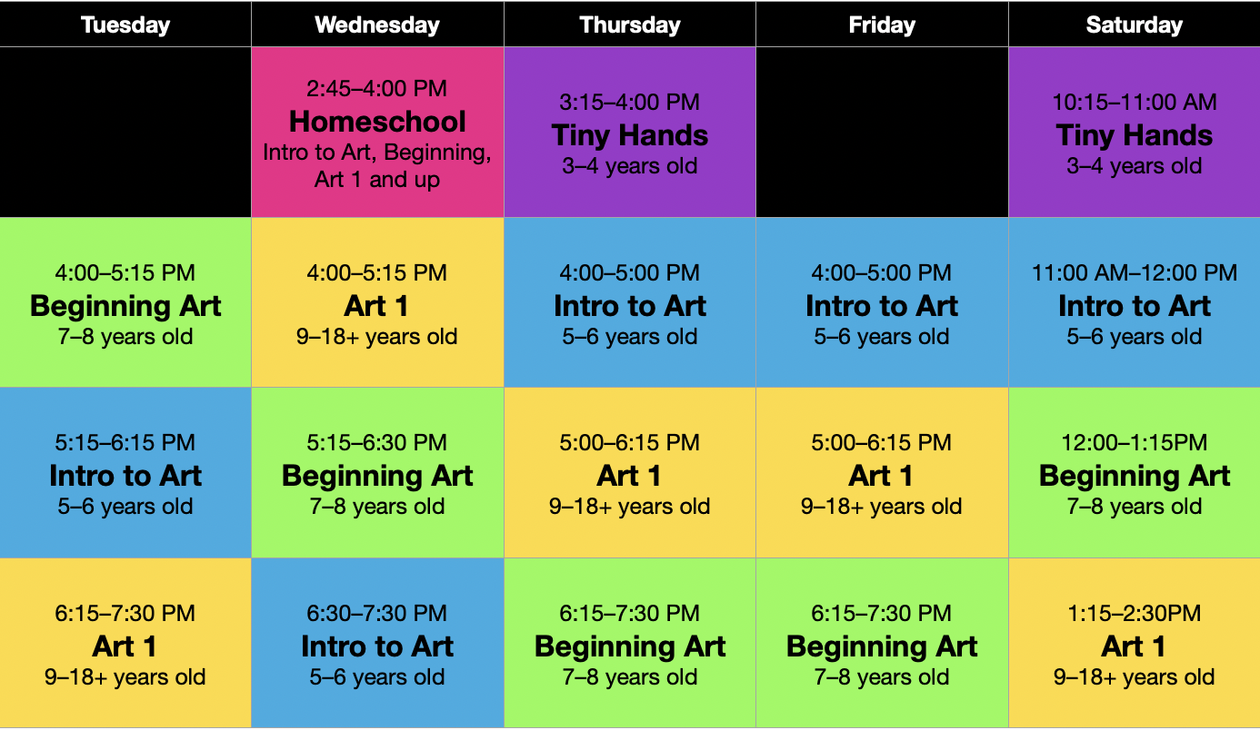 Calendar showing weekly class times for Children's Art Classes in Clovis California.